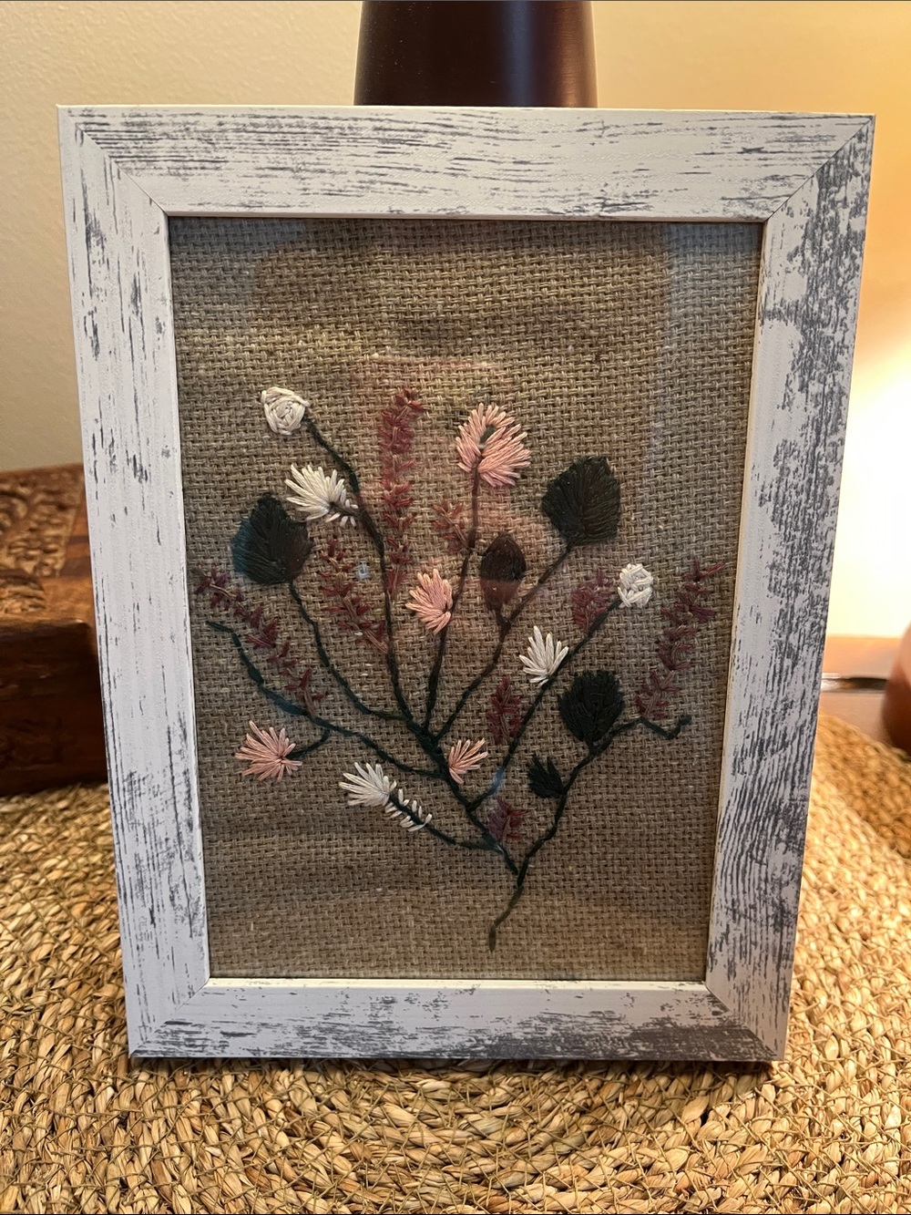 🥀 Framed Embroidered Floral Art - Neutral Burlap Background